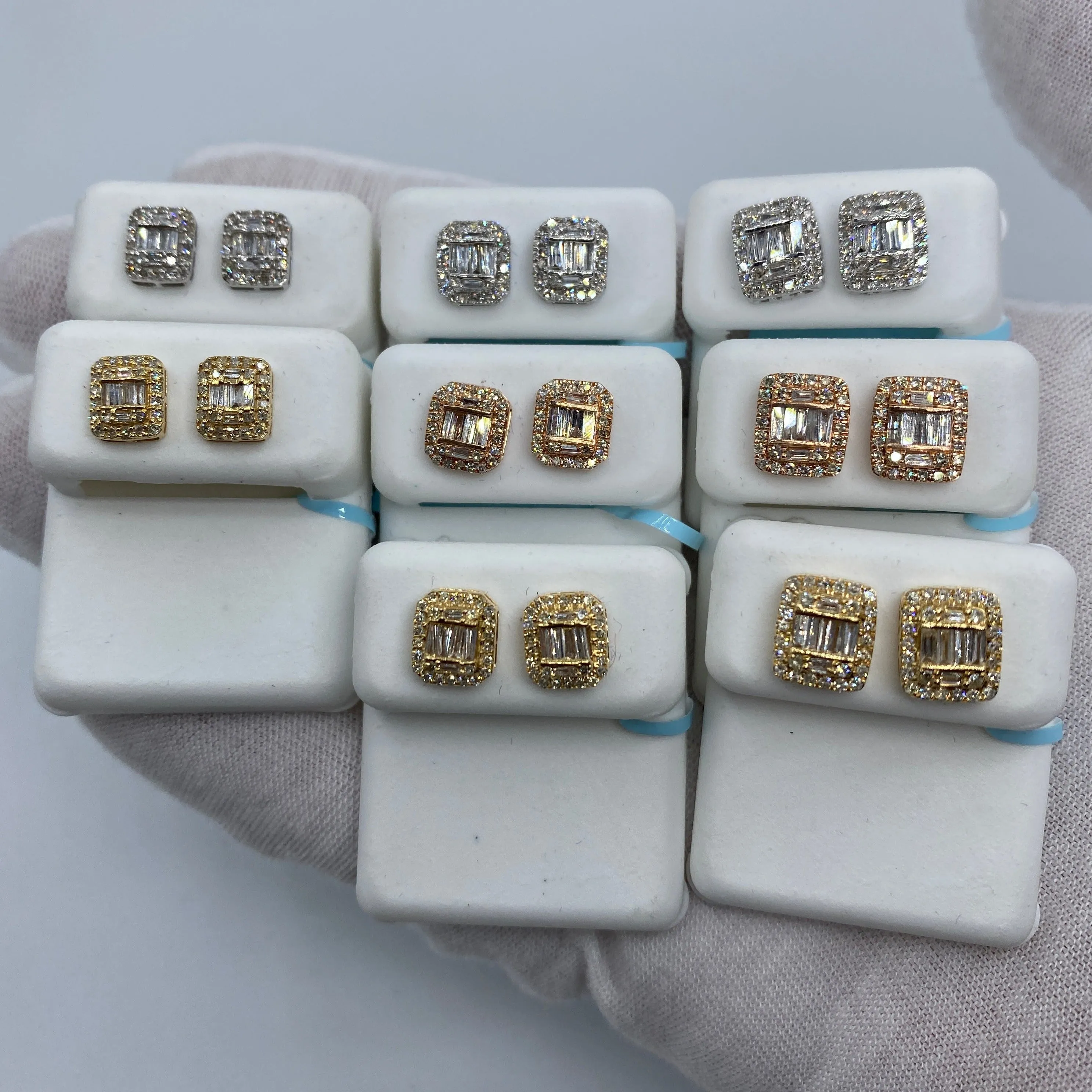 14K Large Rectangle Halo Diamond Baguette Earrings