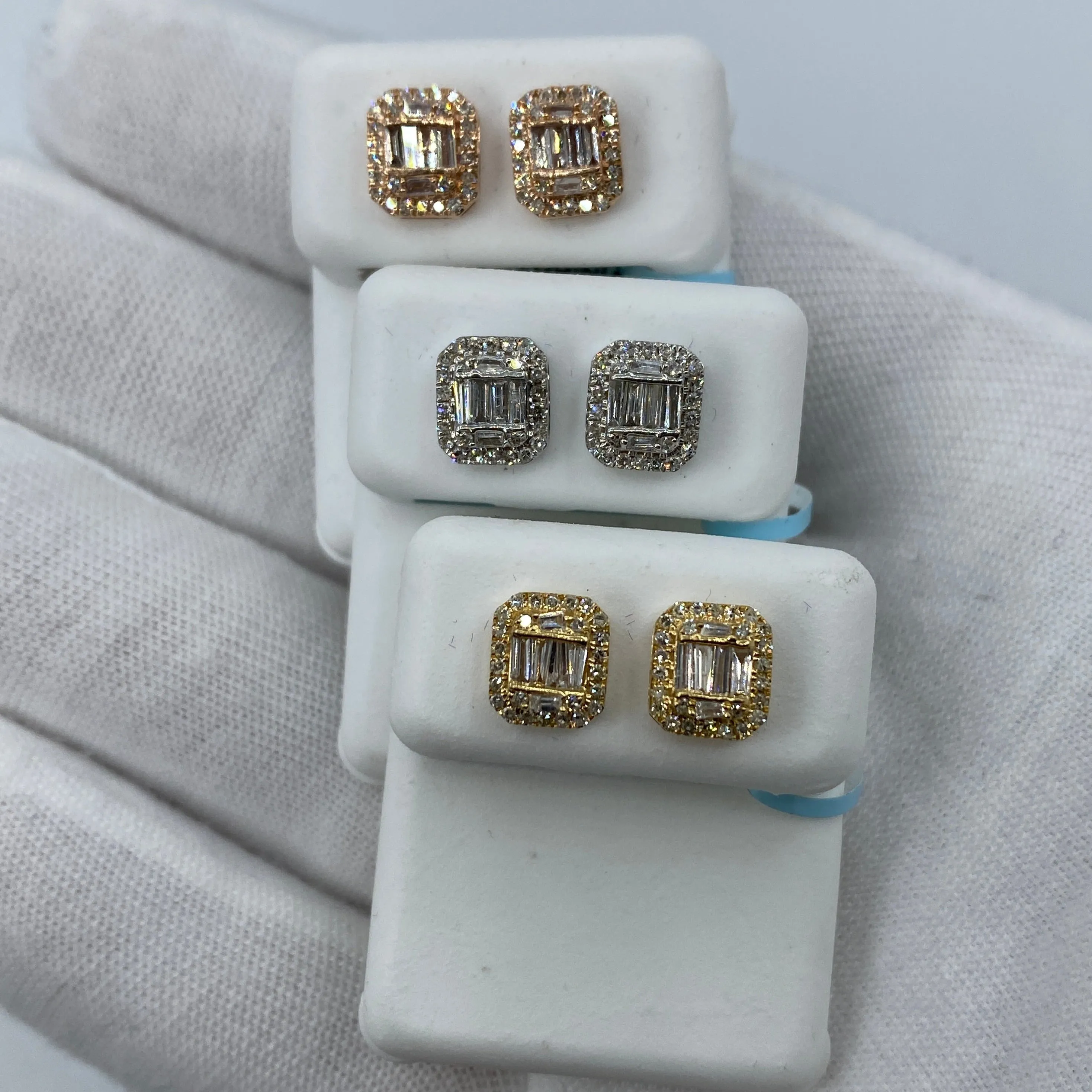 14K Large Rectangle Halo Diamond Baguette Earrings