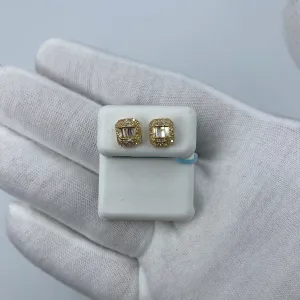 14K Large Rectangle Halo Diamond Baguette Earrings