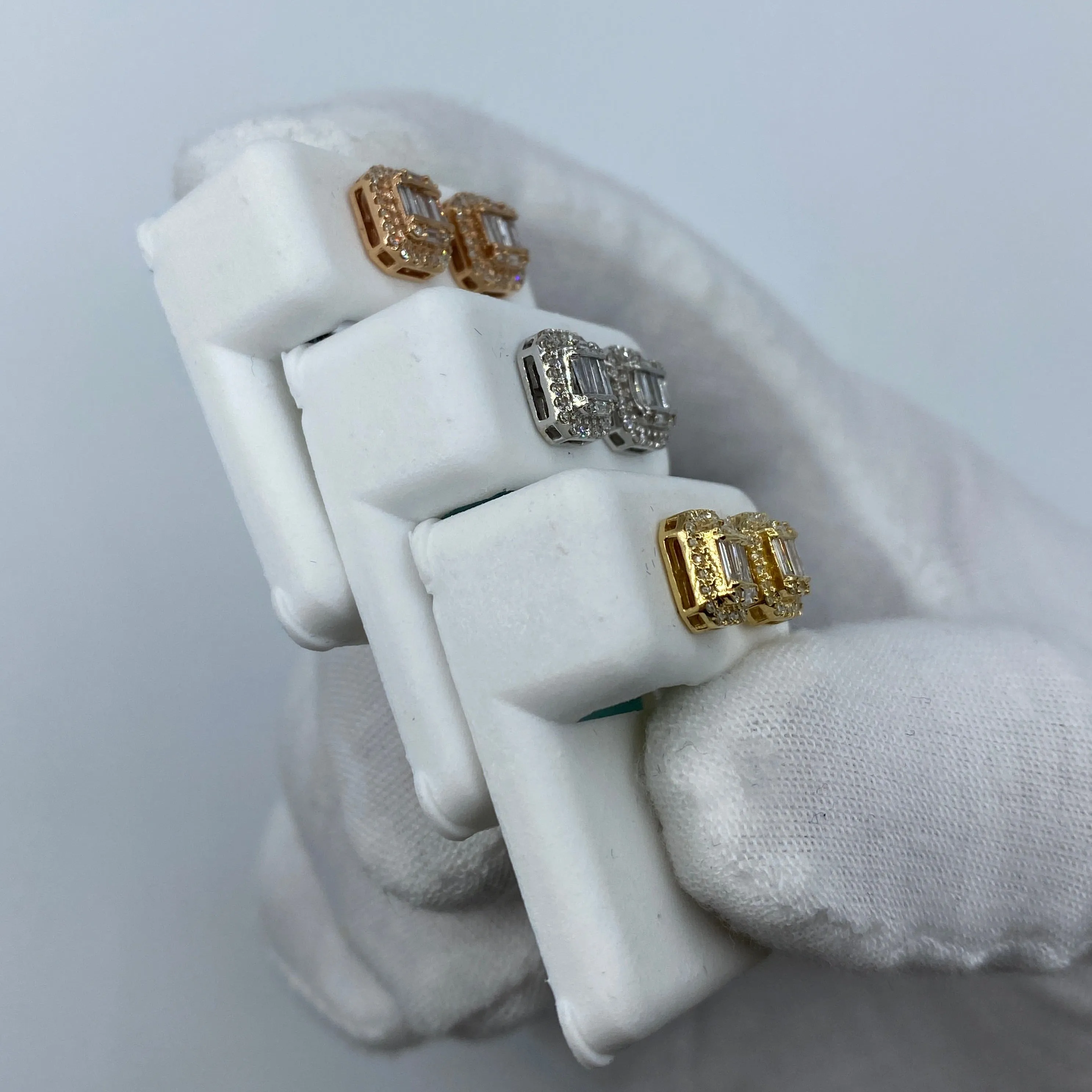 14K Large Rectangle Halo Diamond Baguette Earrings