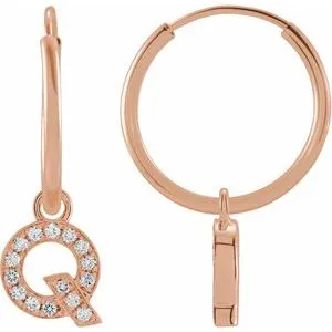 14K Rose .05 CTW Natural Diamond Single Initial Q Hoop Earring
