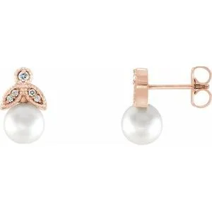 14K Rose Freshwater Pearl & .06 CTW Diamond Earrings