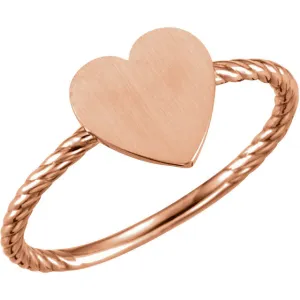 14k Rose Gold Heart Engravable Rope Ring , Size 7