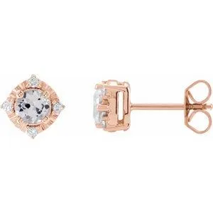 14K Rose Lab-Grown White Sapphire & .08 CTW Natural Diamond Halo-Style Earrings