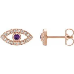 14K Rose Natural Amethyst & Natural White Sapphire Evil Eye Earrings