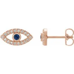 14K Rose Natural Blue Sapphire & Natural White Sapphire Evil Eye Earrings
