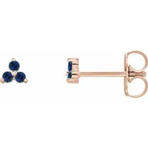 14K Rose Natural Blue Sapphire Three Stone Earrings