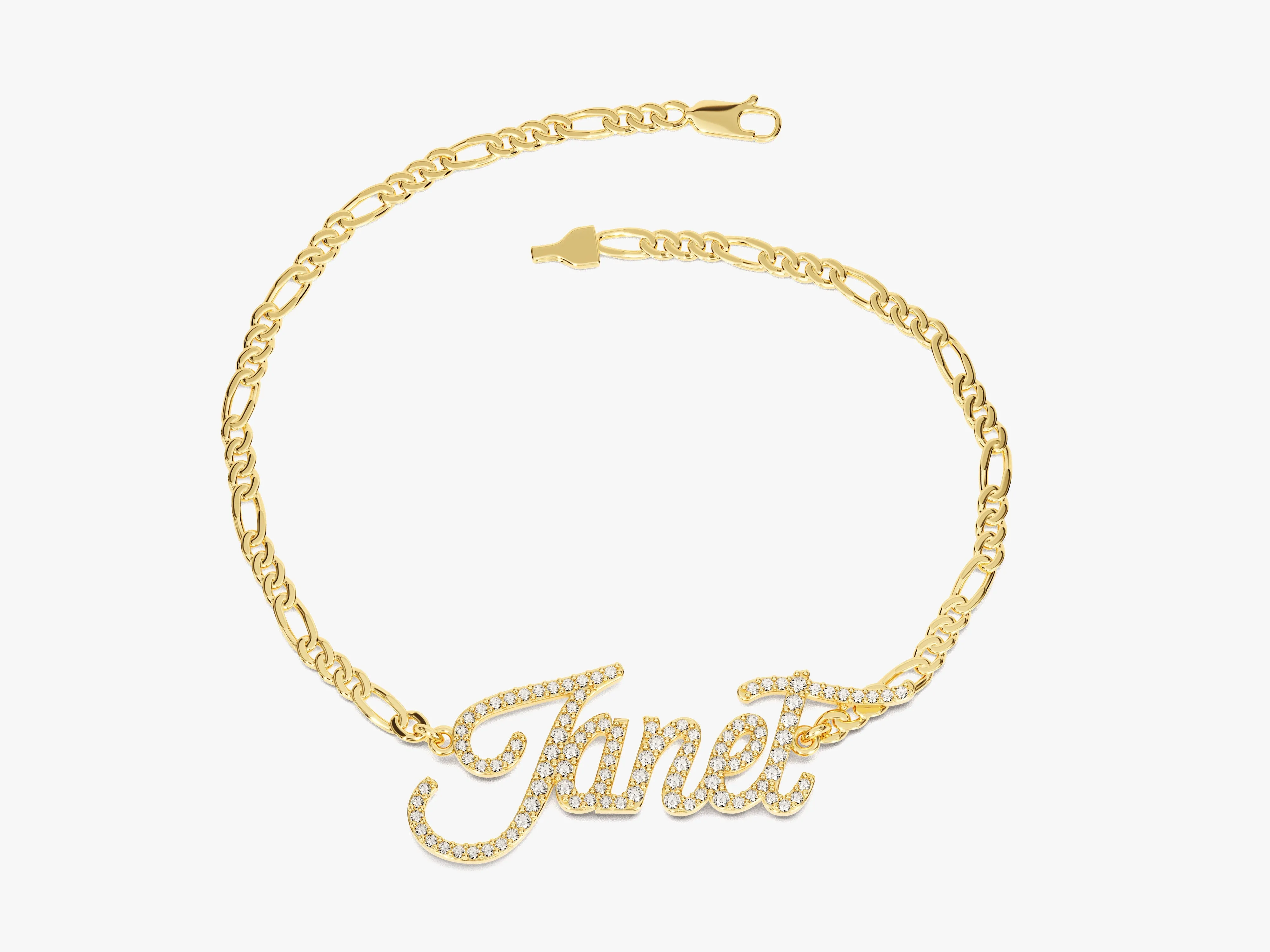 14k Solid Gold Figaro Chain Diamond Name Bracelet