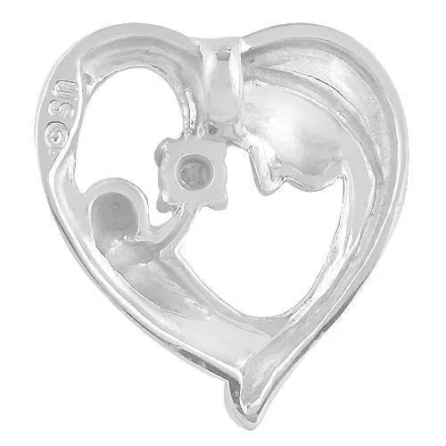 14K Solid White Gold Open Heart with Silhouette of A Mother and A Baby Diamond Pendant 0.20 Ctw