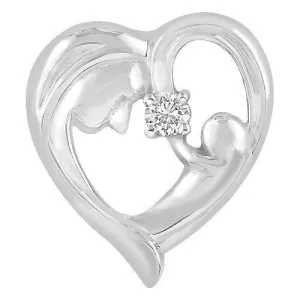 14K Solid White Gold Open Heart with Silhouette of A Mother and A Baby Diamond Pendant 0.20 Ctw