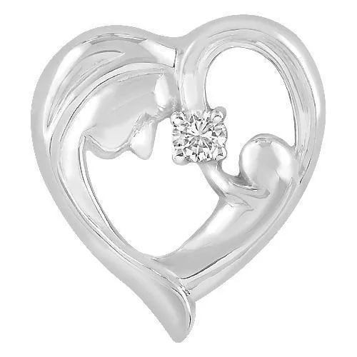 14K Solid White Gold Open Heart with Silhouette of A Mother and A Baby Diamond Pendant 0.20 Ctw