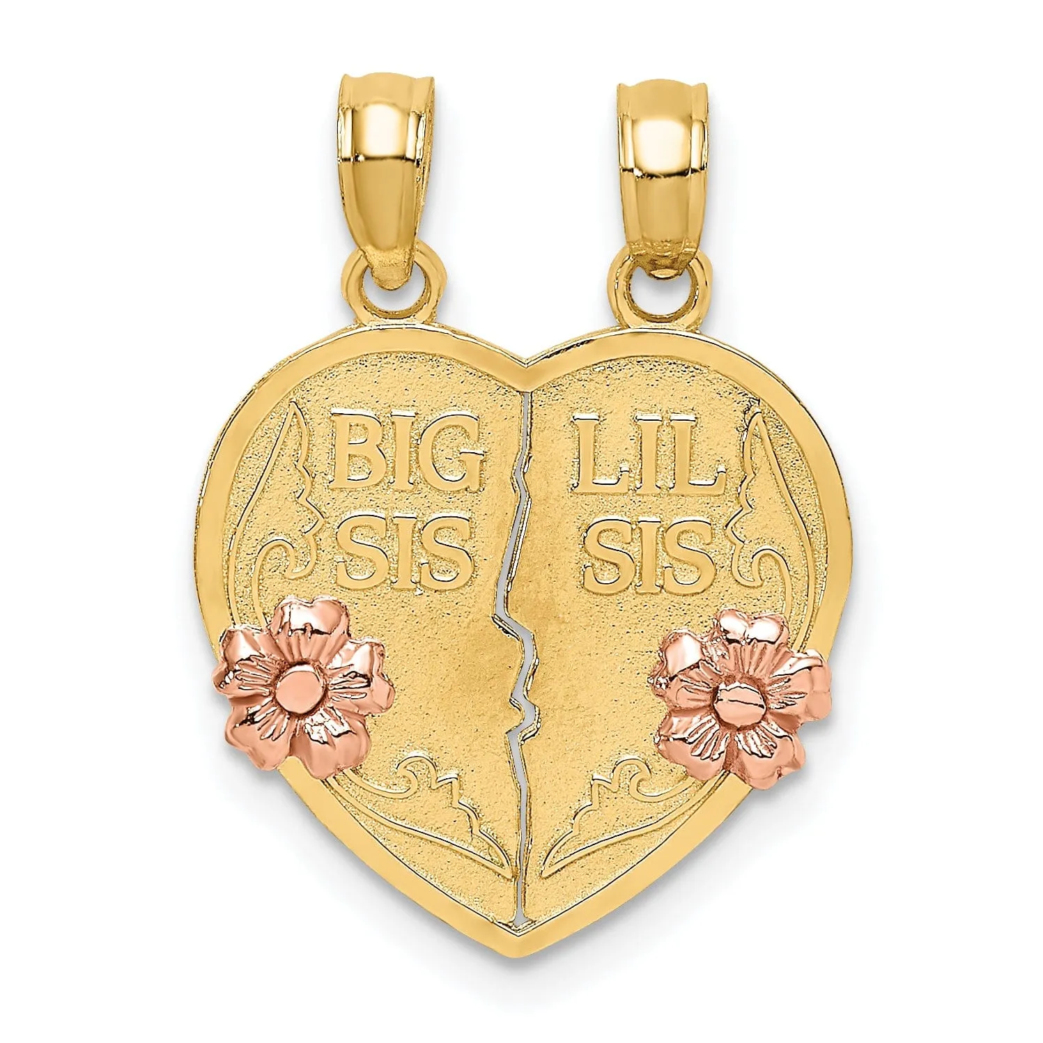14k Two Tone Gold Polished 2-Pieces BIG SIS-LIL SIS Break-A-part Heart Pendant