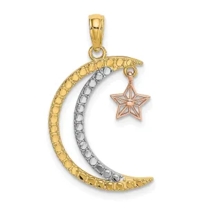 14k Two Tone Gold White Rhodium Open Back Texture Polished Finish Moon with Dangle Star Charm Pendant