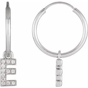 14K White .04 CTW Natural Diamond Single Initial E Hoop Earring