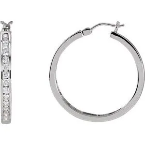 14K White 1 CTW Diamond Hoop Earrings