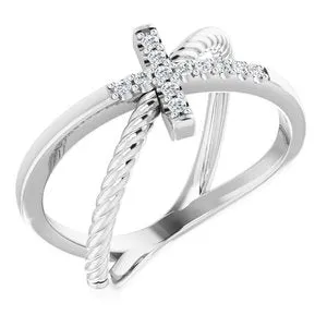 14K White 1/10 CTW Diamond Cross Rope Ring