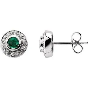 14K White 3.5 mm Round Emerald & 1/10 CTW Diamond Earrings