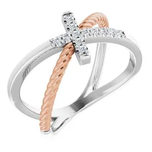 14K White & Rose 1/10 CTW Diamond Cross Rope Ring