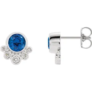 14K White Chatham® Created Blue Sapphire & 1/8 CTW Diamond Earrings