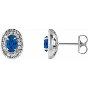 14K White Chatham® Created Blue Sapphire & 1/8 CTW Diamond Halo-Style Earrings