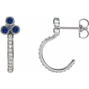 14K White Chatham® Lab-Created Blue Sapphire & 1/4 CTW Diamond J-Hoop Earrings