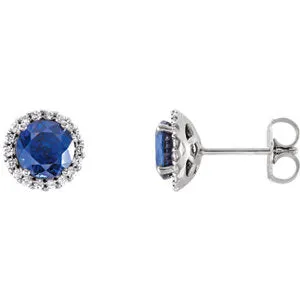 14K White Chatham® Lab-Created Blue Sapphire & 1/5 CTW Diamond Earrings
