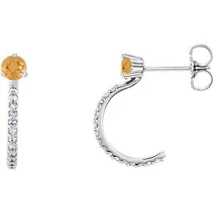 14K White Citrine & 1/6 CTW Diamond J-Hoop Earrings