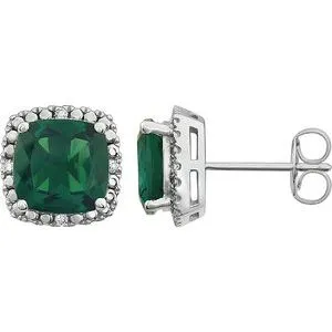 14K White Created Emerald & .06 CTW Diamond Earrings
