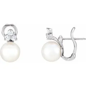 14K White Freshwater Cultured Pearl & 3/8 CTW Diamond Earrings