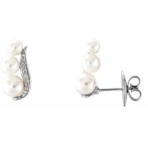 14K White Freshwater Pearl & 1/10 CTW Diamond Ear Climbers