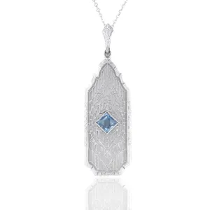 14K White Gold 0.35 Carat Aquamarine Filigree Pendant