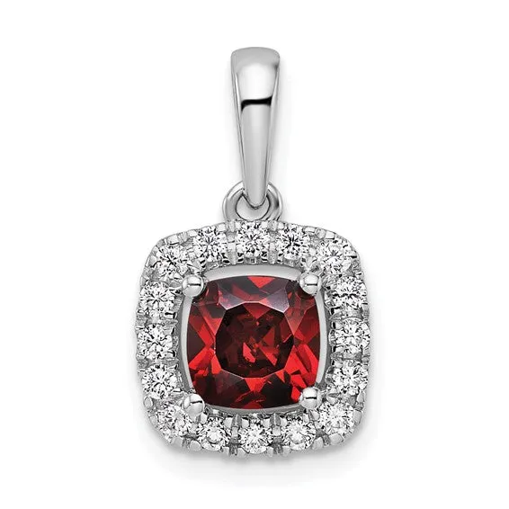 14k White Gold 6mm Cushion Gemstone and Diamond Halo Pendants