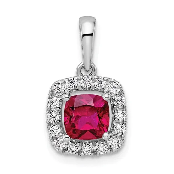 14k White Gold 6mm Cushion Gemstone and Diamond Halo Pendants