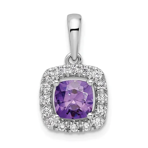 14k White Gold 6mm Cushion Gemstone and Diamond Halo Pendants