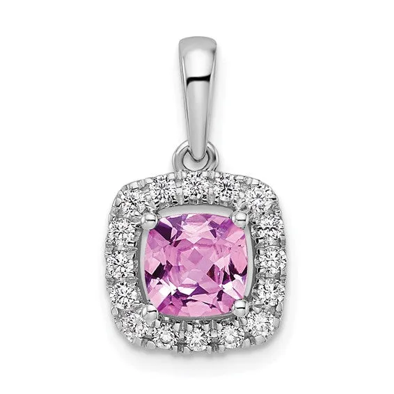 14k White Gold 6mm Cushion Gemstone and Diamond Halo Pendants
