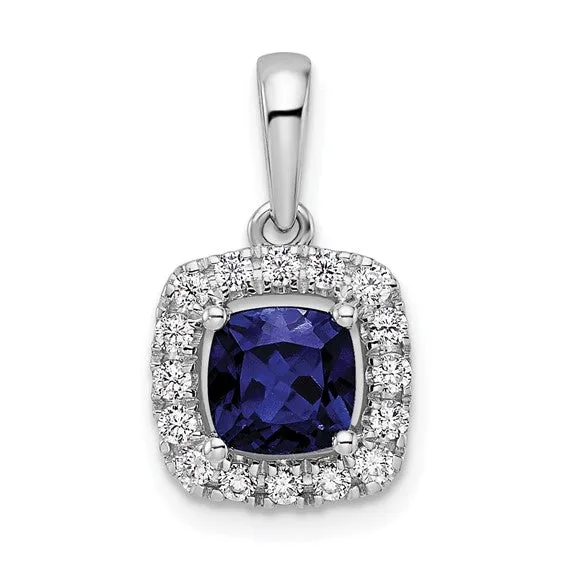 14k White Gold 6mm Cushion Gemstone and Diamond Halo Pendants