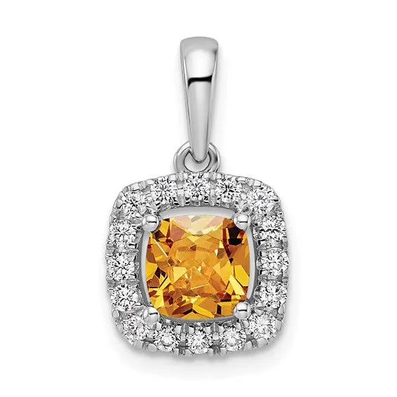 14k White Gold 6mm Cushion Gemstone and Diamond Halo Pendants