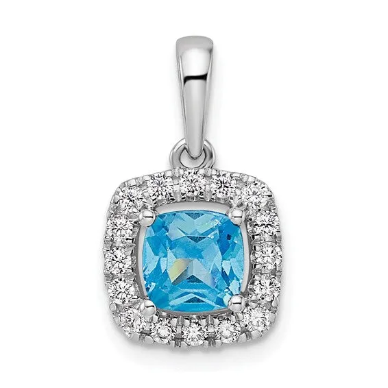 14k White Gold 6mm Cushion Gemstone and Diamond Halo Pendants
