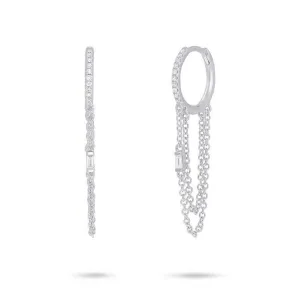 14K White Gold Baguette Diamond Chain Earrings
