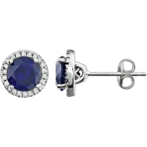 14k White Gold Created Blue Sapphire & 1/8 CTW Diamond Earrings