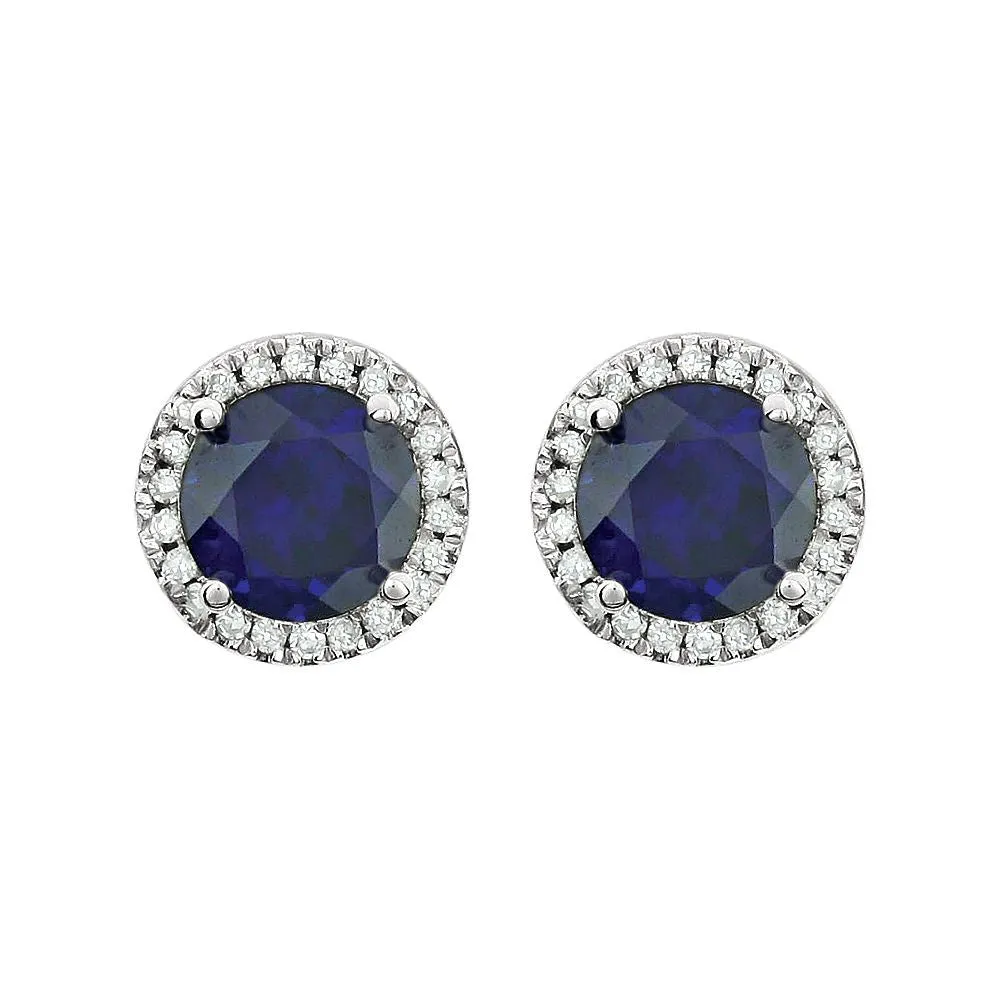 14k White Gold Created Blue Sapphire & 1/8 CTW Diamond Earrings