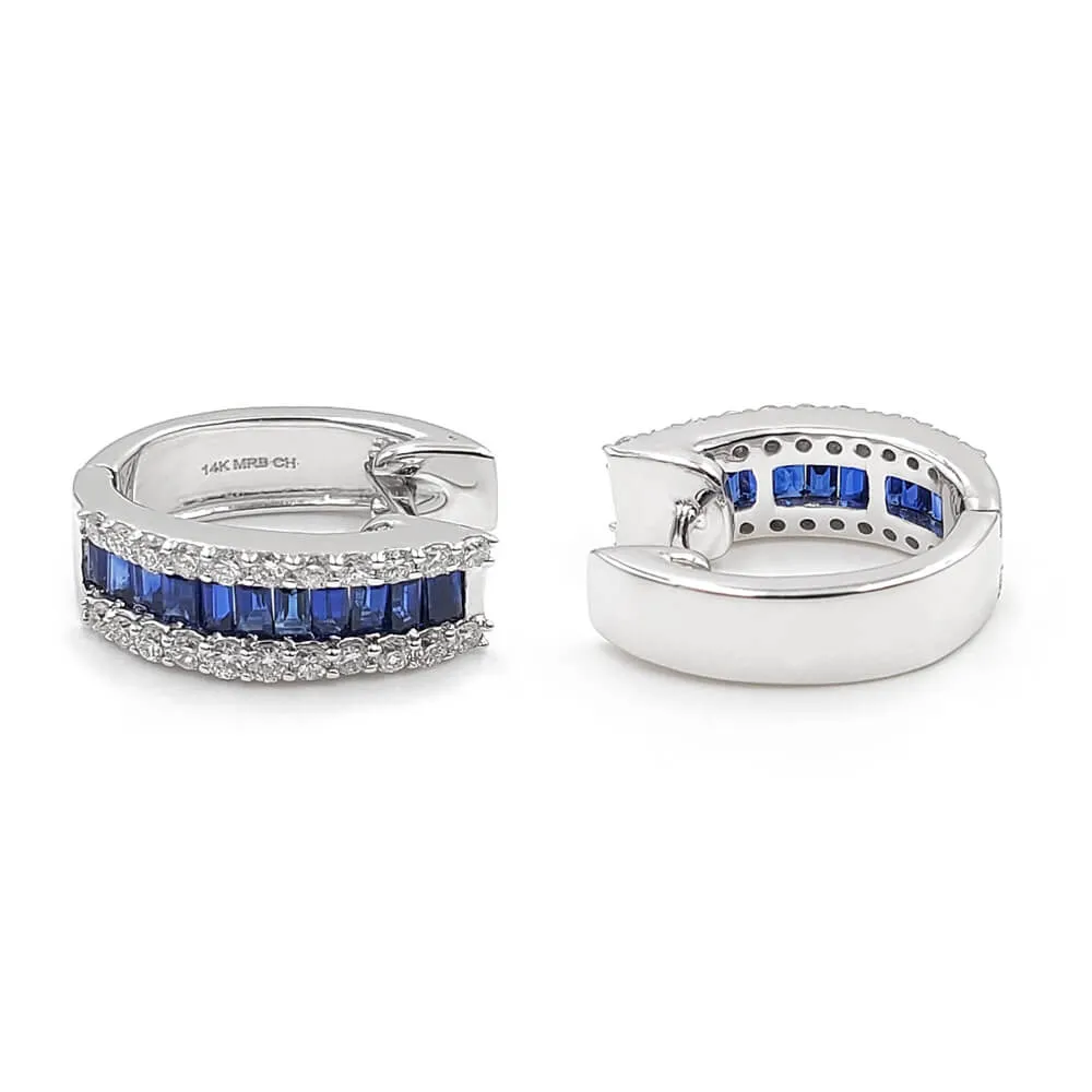 14K White Gold Diamond and Sapphire Huggie Earrings