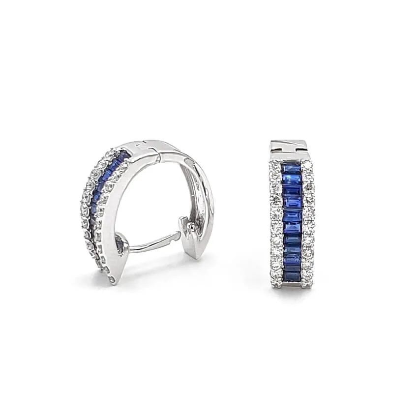 14K White Gold Diamond and Sapphire Huggie Earrings