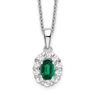14K White Gold Lab Grown Diamond & Oval Emerald Pendant Necklace
