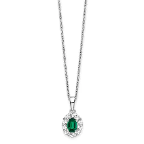 14K White Gold Lab Grown Diamond & Oval Emerald Pendant Necklace