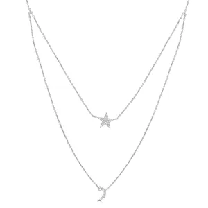 14K White Gold Layered Necklace with Diamond Moon and Star Pendants