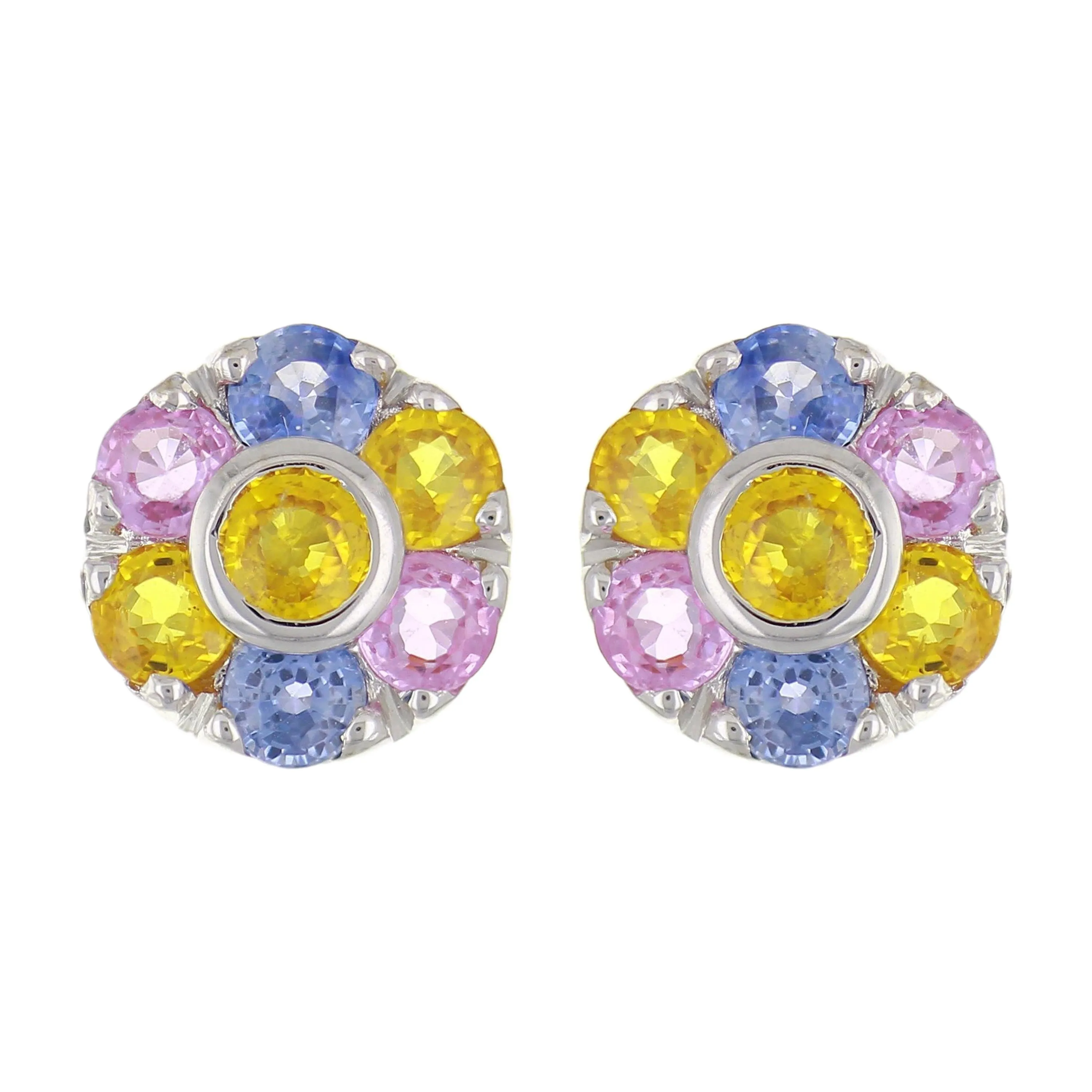 14k White Gold Multi Color Sapphire Gemstone Bouquet Flower Cluster Studs