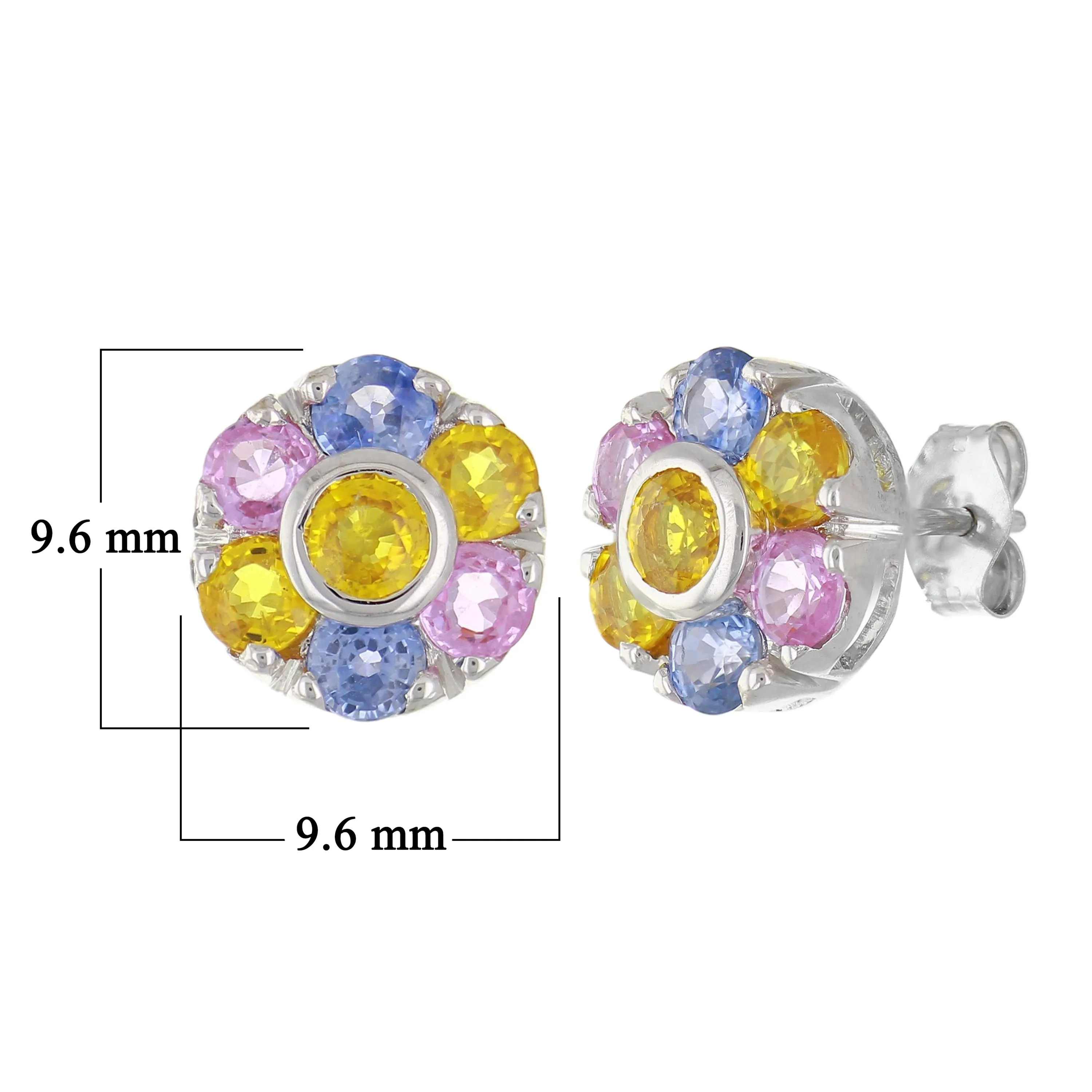 14k White Gold Multi Color Sapphire Gemstone Bouquet Flower Cluster Studs