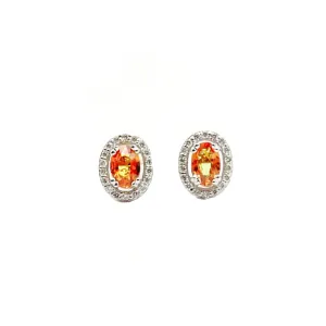 14K White Gold Orange Sapphire And Diamond Halo Stud Earrings