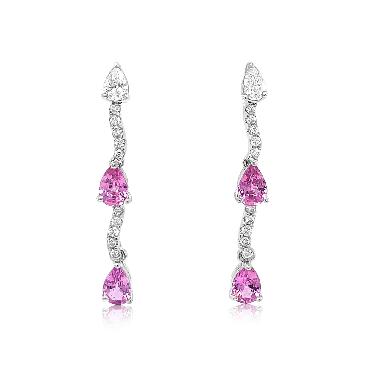 14K White Gold Pear Shape Pink Sapphire And Diamond Drop Earrings (2.25ctw)
